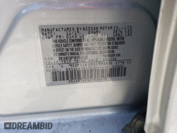 2019 Nissan Sentra S z VIN 3N1AB7AP1KY456698, wystawiony jako Copart lot #52703265 z przebiegiem 55 073 mil mil oraz Szkoda całkowita • Salvage title. Historia ofert i sprzedaży dostępna na DreamBid. Obrazek 15.