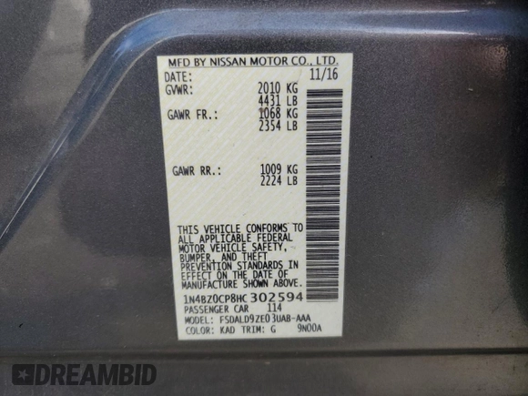 2017 Nissan LEAF S with VIN 1N4BZ0CP8HC302594, listed as a Copart auction lot 86943114 with 37,740 mi miles and Salvage Title. Bid and sale history available at carsss.com. Image 12.