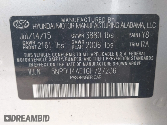 2016 Hyundai Elantra SE z VIN 5NPDH4AE1GH727236, wystawiony jako IAAI lot #39440992 z przebiegiem 76 917 mil mil oraz . Historia ofert i sprzedaży dostępna na DreamBid. Obrazek 9.