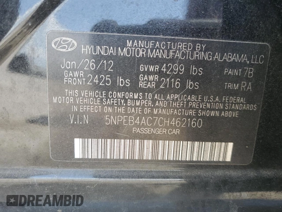 2012 Hyundai Sonata GLS with VIN 5NPEB4AC7CH462160, listed as a Copart auction lot 50440955 with 83,592 mi miles and Non Repairable. Bid and sale history available at carsss.com. Image 12.