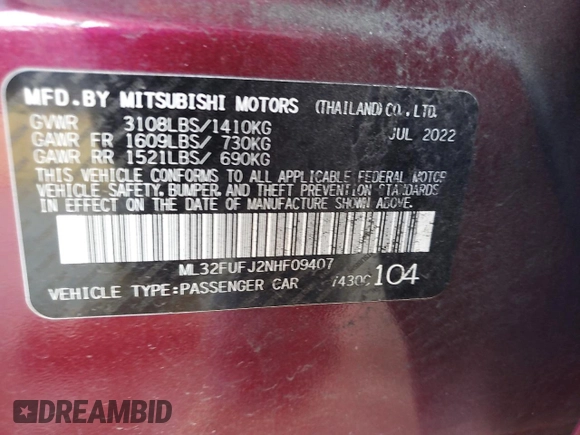 2022 Mitsubishi Mirage G4 ES with VIN ML32FUFJ2NHF09407, listed as a Copart auction lot 49331355 with 0 mi miles and Salvage Title. Bid and sale history available at carsss.com. Image 14.