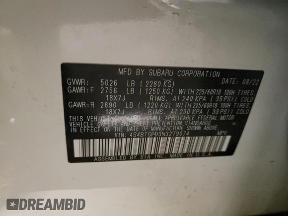 2022 Subaru Outback Touring XT with VIN 4S4BTGPD3N3279074, listed as a Copart auction lot 50745315 with 43,796 mi miles and Salvage title. Bid and sale history available at DreamBid. Image 15.