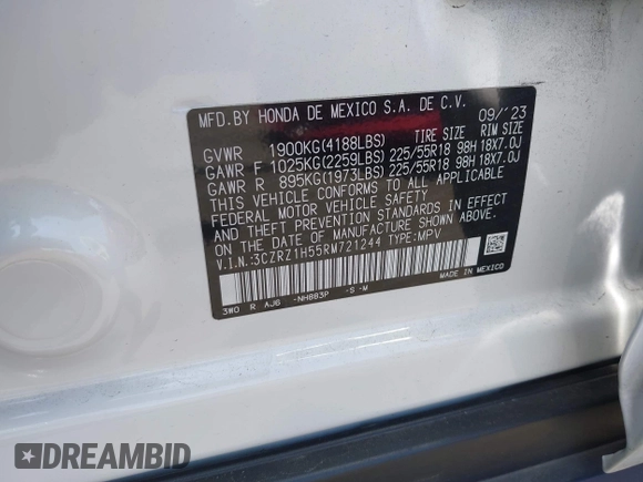 2024 Honda HR-V Sport with VIN 3CZRZ1H55RM721244, listed as a IAAI auction lot 42304006 with 16,901 mi miles and . Bid and sale history available at DreamBid. Image 9.
