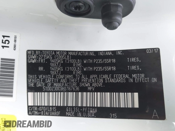 2017 Toyota Sienna XLE with VIN 5TDDZ3DC3HS167636, listed as a IAAI auction lot 41486242 with 72,373 mi miles and . Bid and sale history available at DreamBid. Image 9.