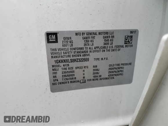 2017 GMC Acadia Denali with VIN 1GKKNXLS8HZ322669, listed as a Copart auction lot 58723575 with 76,872 mi miles and Salvage title. Bid and sale history available at DreamBid. Image 13.