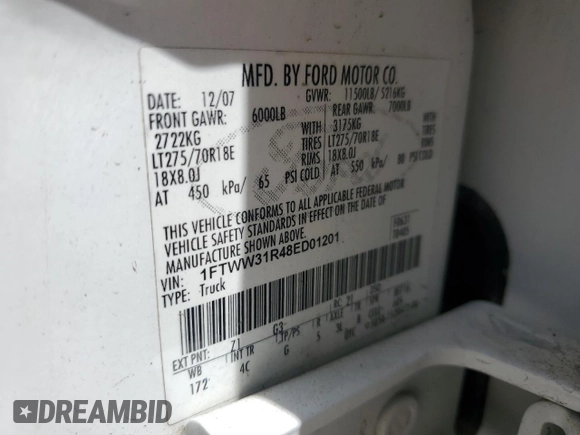 2008 Ford F-350 XL with VIN 1FTWW31R48ED01201, listed as a Copart auction lot 60635065 with 297,768 mi miles and Salvage title. Bid and sale history available at DreamBid. Image 12.