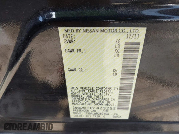 2013 Nissan LEAF SL with VIN 1N4AZ0CP1DC425255, listed as a IAAI auction lot 41792739 with 1 mi miles. Bid and sale history available at carsss.com. Image 9.