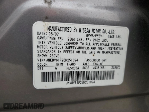 2008 Infiniti G35 x with VIN JNKBV61F28M251024, listed as a Copart auction lot 53756615 with 174,146 mi miles and Salvage Title. Bid and sale history available at DreamBid. Image 12.