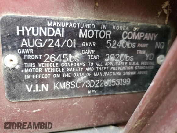 2002 Hyundai Santa Fe GLS with VIN KM8SC73D22U153199, listed as a Copart auction lot 86425594 with 252,992 mi miles and Non Repairable. Bid and sale history available at carsss.com. Image 14.