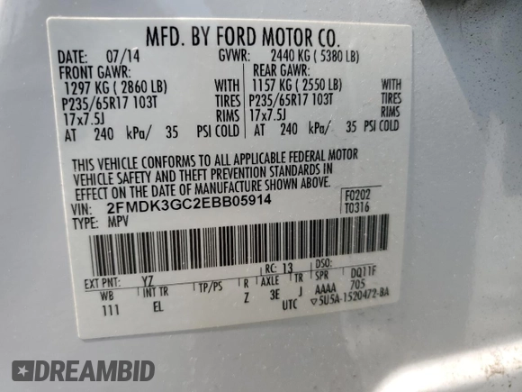 2014 Ford Edge SE with VIN 2FMDK3GC2EBB05914, listed as a Copart auction lot 60427965 with 152,728 mi miles and Clean title. Bid and sale history available at DreamBid. Image 13.