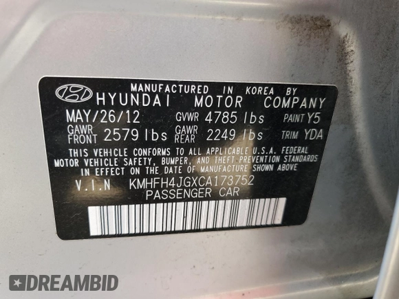 2012 Hyundai Azera z VIN KMHFH4JGXCA173752, wystawiony jako Copart lot #54708955 z przebiegiem 177 711 mil mil oraz Czysty tytuł • Clean title. Historia ofert i sprzedaży dostępna na DreamBid. Obrazek 12.