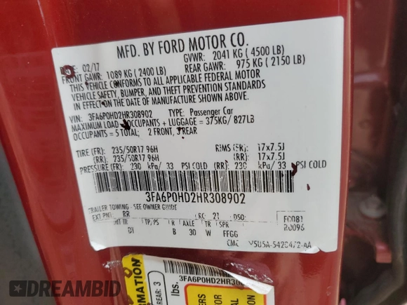 2017 Ford Fusion SE with VIN 3FA6P0HD2HR308902, listed as a Copart auction lot 57583105 with 105,131 mi miles and Clean title. Bid and sale history available at DreamBid. Image 12.