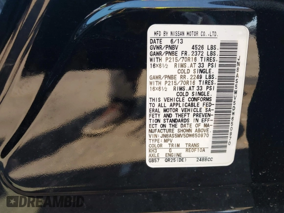 2013 Nissan Rogue SL with VIN JN8AS5MV5DW650970, listed as a IAAI auction lot 42109375 with 88,057 mi miles and . Bid and sale history available at DreamBid. Image 9.