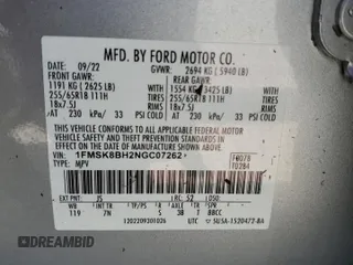 2022 Ford Explorer with VIN 1FMSK8BH2NGC07262, listed as a Copart auction lot 75228154 with 41,521 mi miles and Salvage Title. Bid and sale history available at carsss.com. Image 14.
