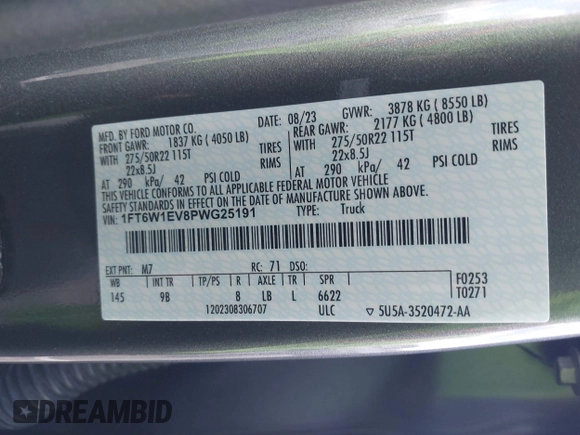 2023 Ford F-150 Lightning Pro with VIN 1FT6W1EV8PWG25191, listed as a IAAI auction lot 41716529 with 5,191 mi miles and . Bid and sale history available at DreamBid. Image 9.