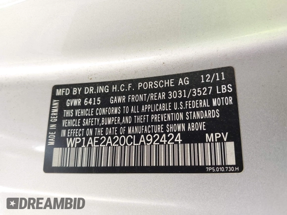 2012 Porsche Cayenne S Hybrid z VIN WP1AE2A20CLA92424, wystawiony jako IAAI lot #42315279 z przebiegiem 129 119 mil mil oraz . Historia ofert i sprzedaży dostępna na DreamBid. Obrazek 9.