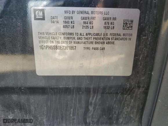 2014 Chevrolet Cruze ECO with VIN 1G1PH5SB0E7361867, listed as a Copart auction lot 45878245 with 153,464 mi miles and Salvage Title. Bid and sale history available at carsss.com. Image 12.