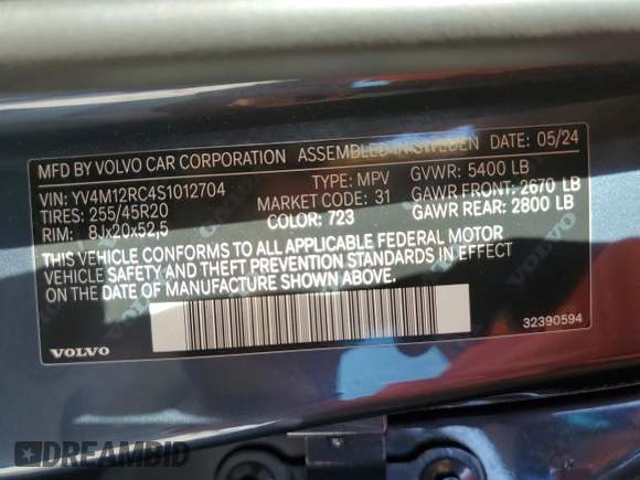 2025 Volvo XC60 Plus z VIN YV4M12RC4S1012704, wystawiony jako Copart lot #48241835 z przebiegiem 4 893 mil mil oraz Szkoda całkowita • Salvage title. Historia ofert i sprzedaży dostępna na DreamBid. Obrazek 13.