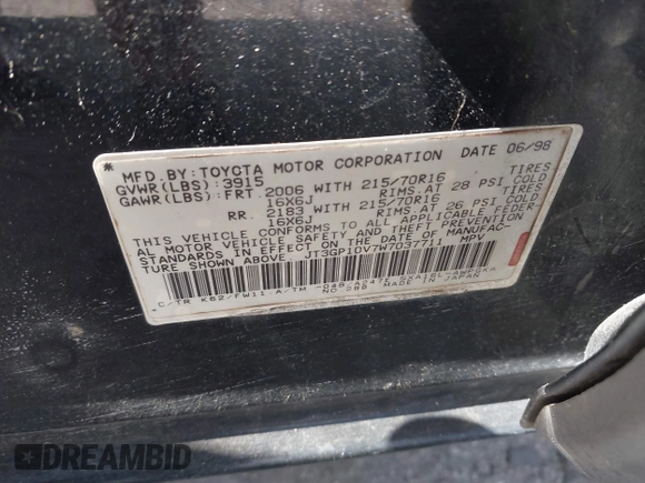 1998 Toyota RAV4 with VIN JT3GP10V7W7037711, listed as a IAAI auction lot 42081313 with 233,554 mi miles and . Bid and sale history available at DreamBid. Image 9.