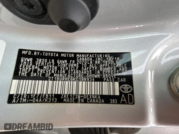 2019 Toyota Corolla L с VIN 2T1BURHE6KC198934, выставлен на аукционе Copart как лот 60146495 с пробегом 161 347 миль миль и Чистый • Clean title. История ставок и продаж доступна на DreamBid. Изображение 10.
