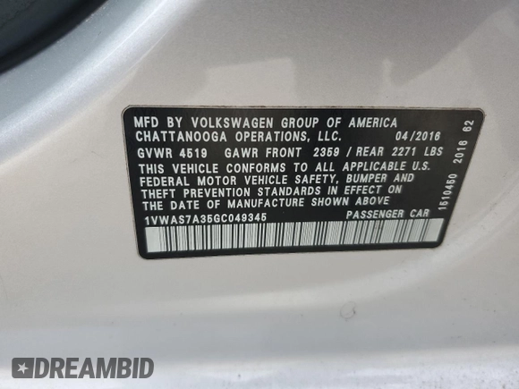 2016 Volkswagen Passat S with VIN 1VWAS7A35GC049345, listed as a Copart auction lot 44671295 with 113,751 mi miles and Salvage title. Bid and sale history available at DreamBid. Image 15.