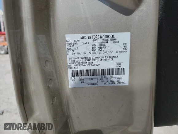 2009 Ford F-150 XL with VIN 1FTPX14V19FA59509, listed as a Copart auction lot 53596795 with 189,632 mi miles and Salvage Title. Bid and sale history available at carsss.com. Image 12.