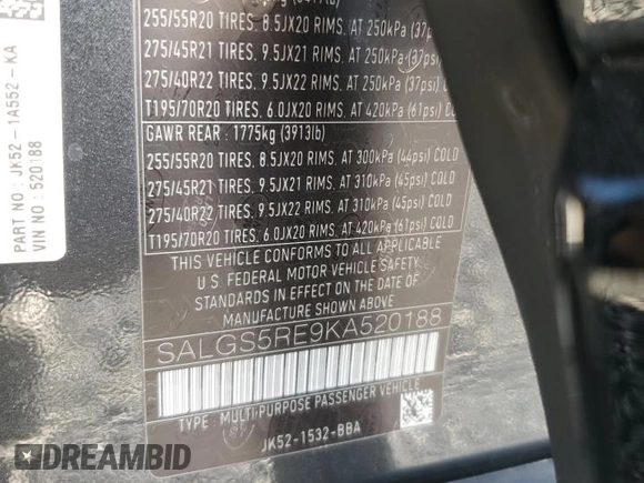 2019 Land Rover Range Rover z VIN SALGS5RE9KA520188, wystawiony jako Copart lot #88314315 z przebiegiem 34 792 mil mil oraz Szkoda całkowita • Salvage title. Historia ofert i sprzedaży dostępna na DreamBid. Obrazek 13.