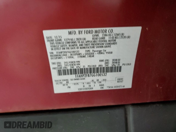 2016 Ford Taurus Limited with VIN 1FAHP2F87GG100532, listed as a Copart auction lot 55512555 with 64,528 mi miles and Salvage title. Bid and sale history available at DreamBid. Image 13.