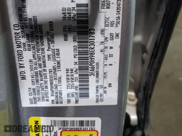2014 Ford Fusion SE with VIN 3FA6P0H98ER301783, listed as a Copart auction lot 51247925 with 242,881 mi miles and Salvage Title. Bid and sale history available at carsss.com. Image 12.