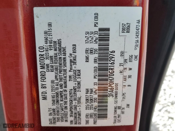 2016 Ford Fusion SE with VIN 3FA6P0H70GR162976, listed as a Copart auction lot 52547765 with 188,001 mi miles and Clean Title. Bid and sale history available at carsss.com. Image 12.
