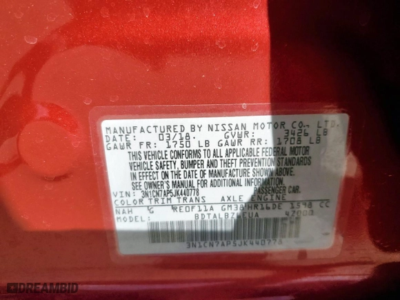 2018 Nissan Versa Sedan SV with VIN 3N1CN7AP5JK440778, listed as a Copart auction lot 49161565 with 125,687 mi miles and Salvage Title. Bid and sale history available at carsss.com. Image 12.