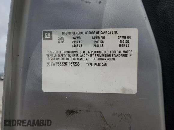 2006 Pontiac Grand Prix with VIN 2G2WP552261167233, listed as a Copart auction lot 55433755 with 114,301 mi miles and Salvage title. Bid and sale history available at DreamBid. Image 12.