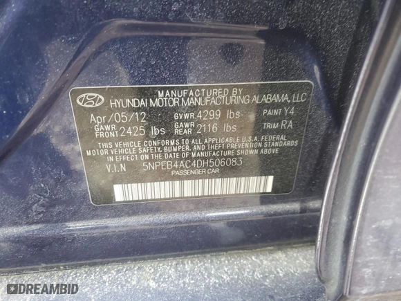 2013 Hyundai Sonata GLS with VIN 5NPEB4AC4DH506083, listed as a Copart auction lot 45553325 with 123,723 mi miles and Salvage Title. Bid and sale history available at carsss.com. Image 12.