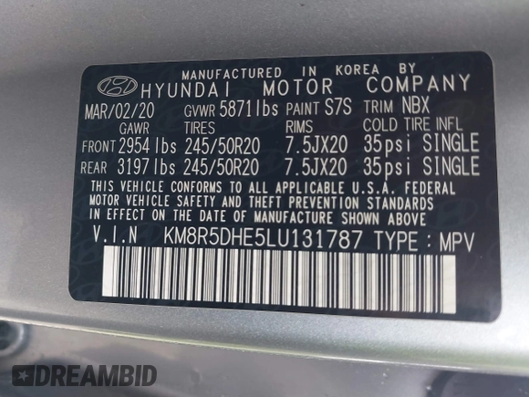 2020 Hyundai Palisade Limited with VIN KM8R5DHE5LU131787, listed as a IAAI auction lot 41789845 with 76,595 mi miles and . Bid and sale history available at DreamBid. Image 9.