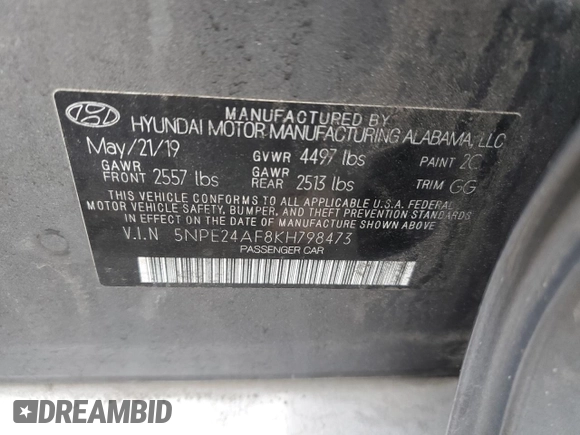 2019 Hyundai Sonata SE with VIN 5NPE24AF8KH798473, listed as a Copart auction lot 52604655 with 73,299 mi miles and Salvage Title. Bid and sale history available at DreamBid. Image 12.