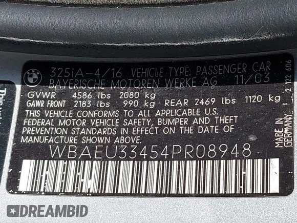 2004 BMW 3 Series 325xi with VIN WBAEU33454PR08948, listed as a IAAI auction lot 42149029 with 100,845 mi miles and . Bid and sale history available at DreamBid. Image 9.
