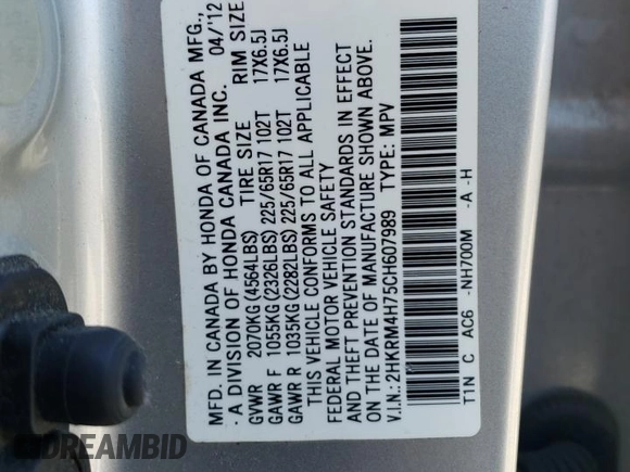 2012 Honda CR-V EX-L with VIN 2HKRM4H75CH607989, listed as a Copart auction lot 51269575 with 85,487 mi miles and Clean Title. Bid and sale history available at carsss.com. Image 13.