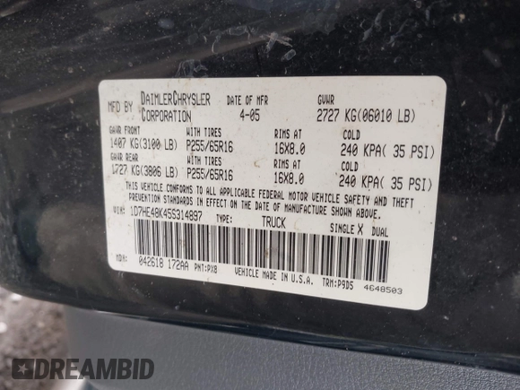 2005 Dodge Dakota SLT с VIN 1D7HE48K45S314897, выставлен на аукционе IAAI как лот 42495060 с пробегом 257 076 миль миль и . История ставок и продаж доступна на DreamBid. Изображение 9.