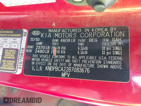 2011 Kia Sportage LX with VIN KNDPBCA22B7083676, listed as a IAAI auction lot 42702029 with 252,143 mi miles and . Bid and sale history available at DreamBid. Image 9.