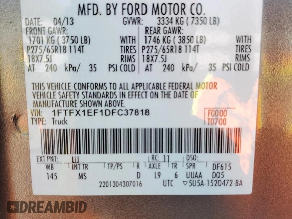 2013 Ford F-150 XL with VIN 1FTFX1EF1DFC37818, listed as a Copart auction lot 54352165 with 260,893 mi miles and Salvage title. Bid and sale history available at DreamBid. Image 12.