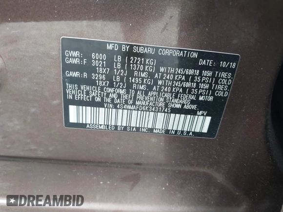 2019 Subaru Ascent Premium z VIN 4S4WMAFD6K3431745, wystawiony jako IAAI lot #42269721 z przebiegiem 131 343 mil mil oraz . Historia ofert i sprzedaży dostępna na DreamBid. Obrazek 9.