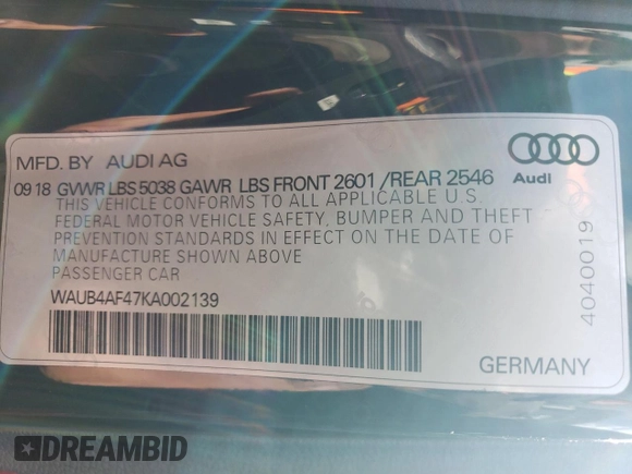 2019 Audi S4 Premium Plus with VIN WAUB4AF47KA002139, listed as a Copart auction lot 52466254 with 49,182 mi miles. Bid and sale history available at carsss.com. Image 12.