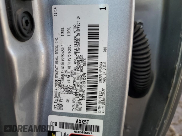 2015 Toyota Tundra 4WD Truck SR5 with VIN 5TFDY5F17FX435198, listed as a Copart auction lot 43812415 with 151,320 mi miles and Salvage Title. Bid and sale history available at carsss.com. Image 12.