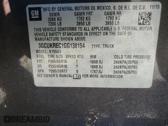 2016 Chevrolet Silverado 1500 LT with VIN 3GCUKREC1GG138154, listed as a Copart auction lot 49115035 with 147,854 mi miles and Salvage Title. Bid and sale history available at DreamBid. Image 14.