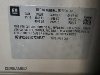 2013 Chevrolet Cruze 1LT with VIN 1G1PC5SB9D7220387, listed as a Copart auction lot 55957345 with 258,513 mi miles and Clean Title. Bid and sale history available at DreamBid. Image 12.