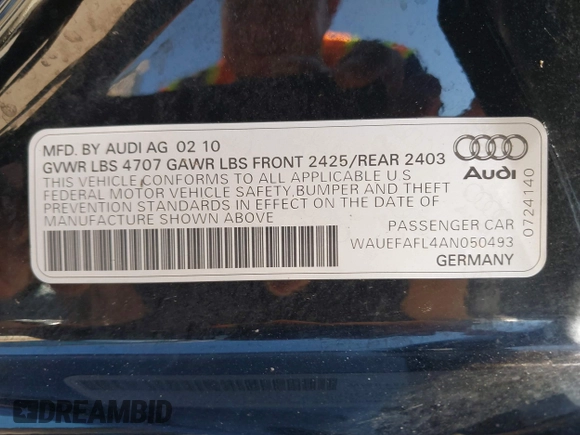 2010 Audi A4 2.0T Premium Plus with VIN WAUEFAFL4AN050493, listed as a IAAI auction lot 41200314 with 107,847 mi miles. Bid and sale history available at carsss.com. Image 9.