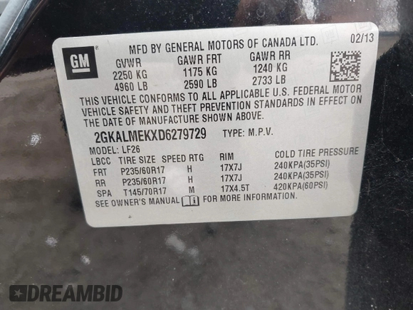 2013 GMC Terrain SLE z VIN 2GKALMEKXD6279729, wystawiony jako IAAI lot #42128826 z przebiegiem 151 318 mil mil oraz . Historia ofert i sprzedaży dostępna na DreamBid. Obrazek 9.