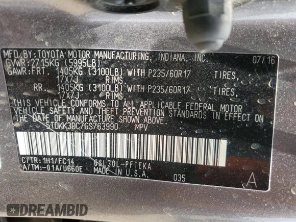 2016 Toyota Sienna LE AAS с VIN 5TDKK3DC7GS763990, выставлен на аукционе Copart как лот 57080655 с пробегом 74 036 миль миль и Списание • Salvage title. История ставок и продаж доступна на DreamBid. Изображение 13.