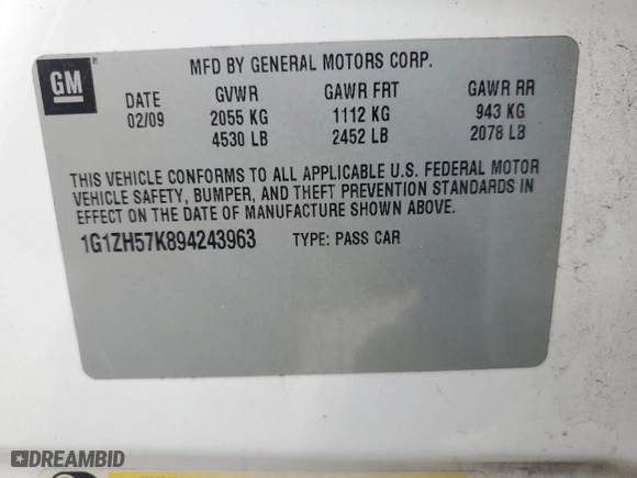 2009 Chevrolet Malibu LT w/1LT with VIN 1G1ZH57K894243963, listed as a Copart auction lot 58562084 with 174,312 mi miles and Salvage Title. Bid and sale history available at carsss.com. Image 12.