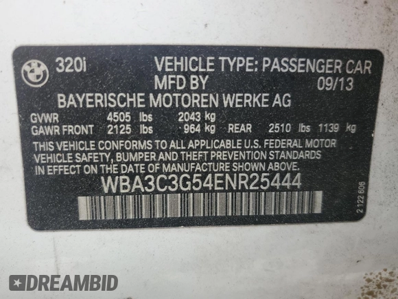 2014 BMW 3 Series 320i xDrive with VIN WBA3C3G54ENR25444, listed as a Copart auction lot 54017355 with 161,834 mi miles and Clean Title. Bid and sale history available at carsss.com. Image 12.
